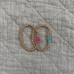 Gold Beaded Bracelets with Pink and Blue Cross Charms NWOT